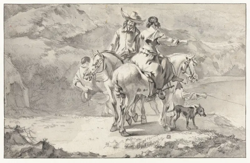 Man en een vrouw te paard bij een bergmeer Wall Art by Abraham Jansz Begeyn - High-Resolution Digital Print