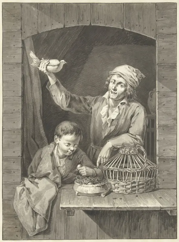 Man en jongen in venster met duif en eieren Wall Art by Johannes Pieter de Frey - High-Resolution Digital Print
