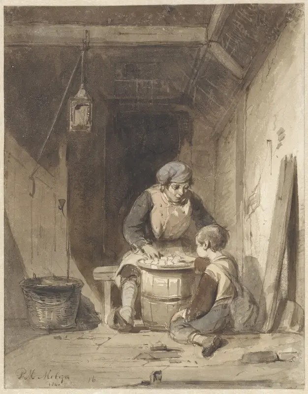 Man en jongetje etend in een schuur Wall Art by Petrus Marius Molijn - High-Resolution Digital Print