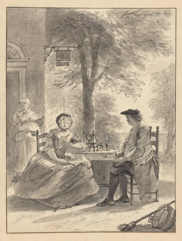 Man en lezende vrouw voor een herberg Wall Art by Cornelis Troost - High-Resolution Digital Print