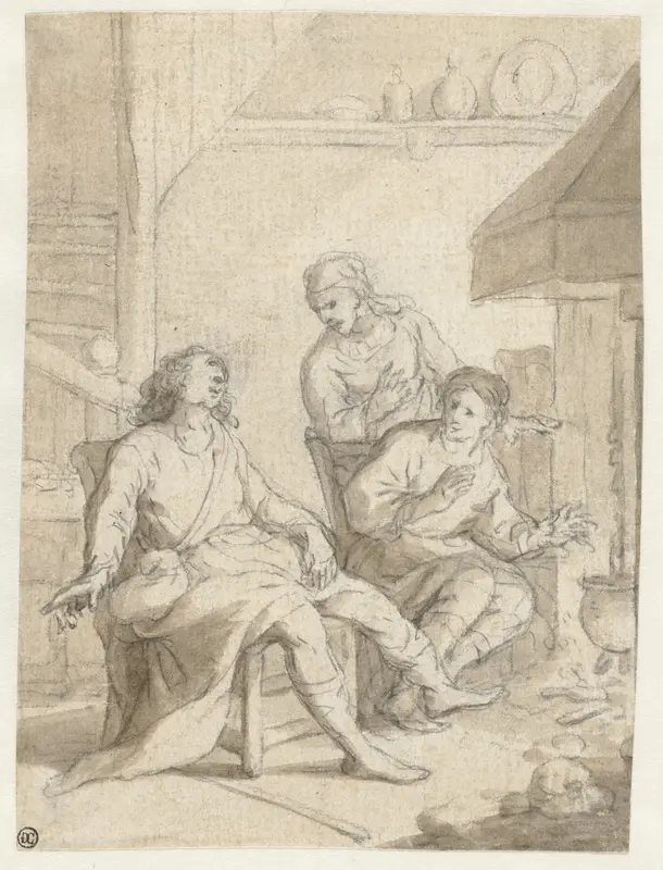Man en twee vrouwen in een keuken bij het vuur Wall Art by anonymous - High-Resolution Digital Print