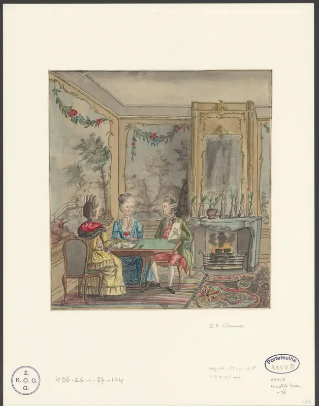 Man en twee vrouwen in een salon met wandschilderingen Wall Art by Unknown - High-Resolution Digital Print