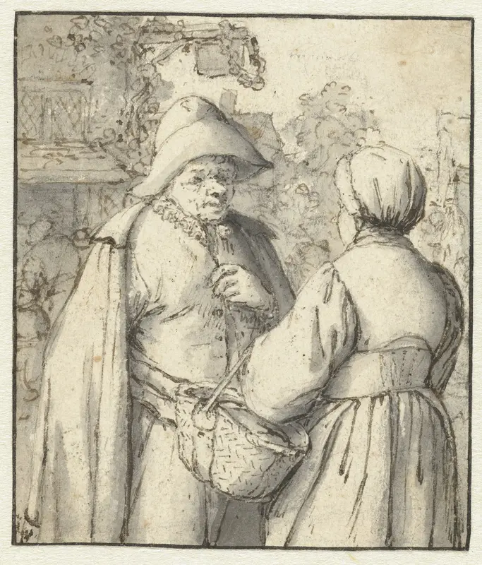 Man en vrouw in gesprek voor een herberg Wall Art by Adriaen van Ostade - High-Resolution Digital Print
