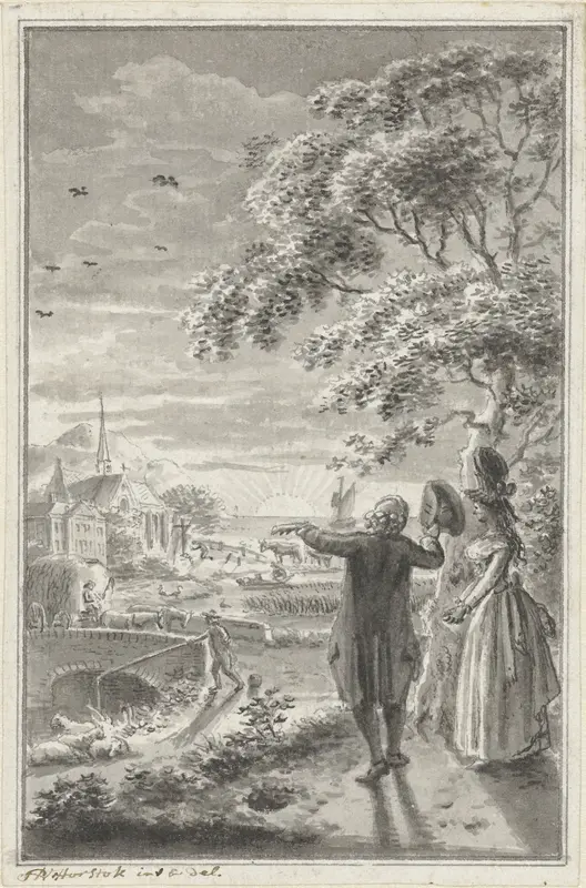 Man en vrouw in landschap met zonsondergang Wall Art by Johannes Petrus van Horstok - High-Resolution Digital Print