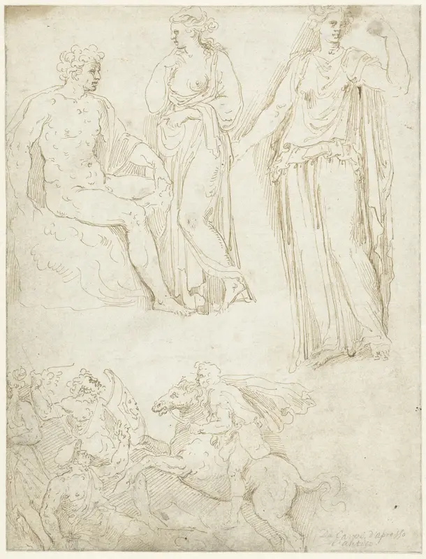 Man en vrouw, vrouw en face en ruiter die voetknechten aanvalt Wall Art by Unknown - High-Resolution Digital Print