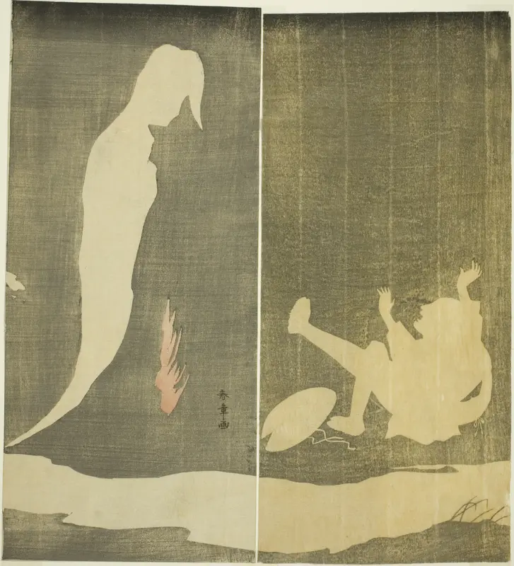 Man Falling Backward, Startled by a Woman's Ghost over a River Wall Art by Katsukawa Shunsho - High-Resolution Digital Print
