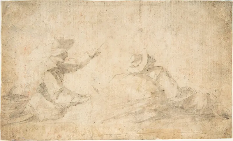 Man Fishing and Man Reclining Against a Rock Wall Art by Anonymous, Italian, Neopolitan, 17th century - High-Resolution Digital Print