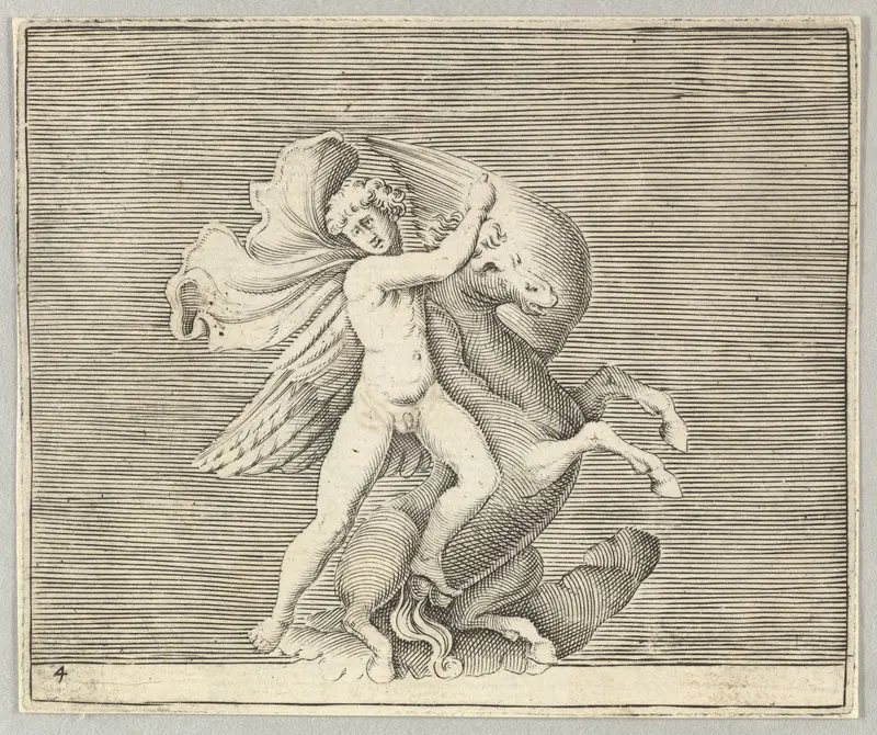 Man Grappling with Winged Horse, from "Ex Antiquis Cameorum et Gemmae Delineata/ Liber Secundus/et ab Enea Vico Parmen Incis" Wall Art by Anonymous, Italian, 16th century - High-Resolution Digital Print