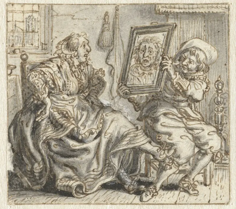 Man Holding a Mirror up to his Wife’s Face Wall Art by Adriaen Pietersz van de Venne - High-Resolution Digital Print