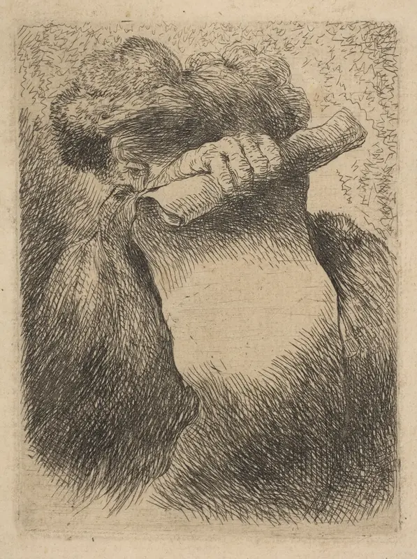 Man holding a scroll in front of his face, from "Small Heads in Oriental Headdress"