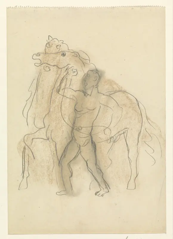 Man houdt twee paarden in bedwang Wall Art by Leo Gestel - High-Resolution Digital Print