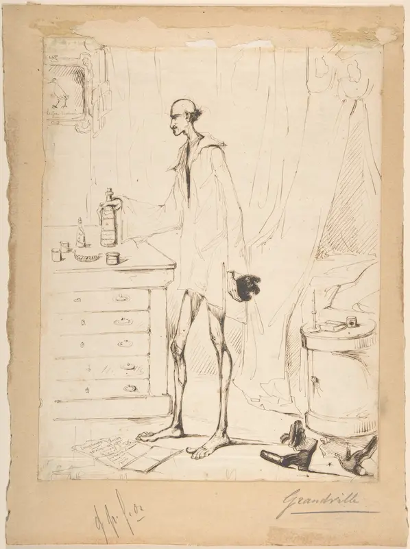 Man in a Nightshirt Reaching for a Bottle Labeled "Fountain of Youth" Wall Art by J. J. Grandville - High-Resolution Digital Print