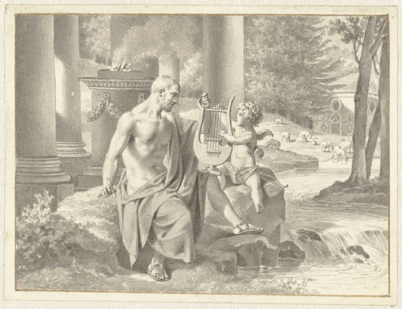 Man in klassieke kledij krijgt van een putto een harp aangereikt Wall Art by Jacques Kuyper - High-Resolution Digital Print