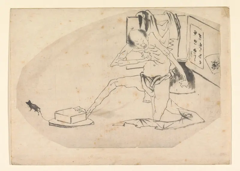 Man in lendendoek, een doos en een muis Wall Art by Katsushika Hokusai - High-Resolution Digital Print