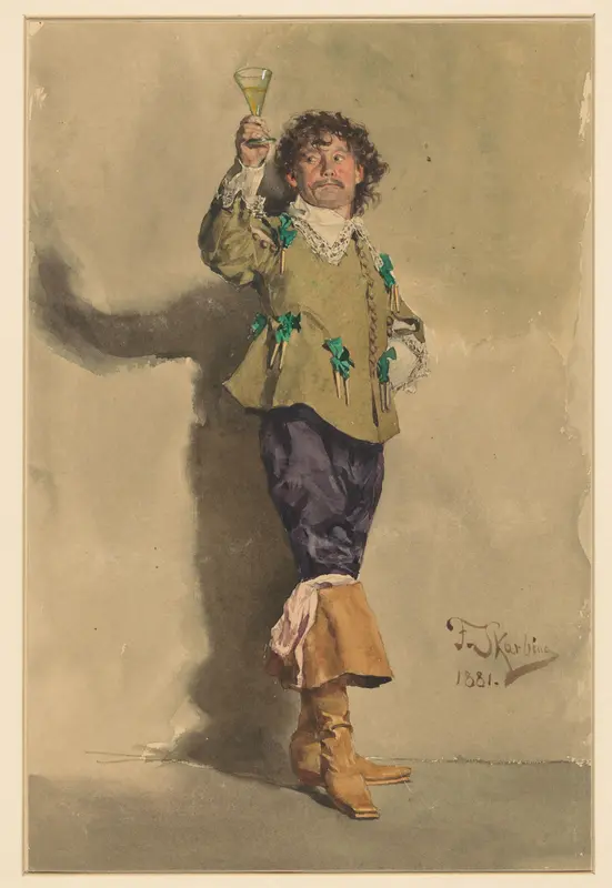 Man in Louis XIII-kledij, staande ten voeten uit, driekwart naar rechts, een glas wijn heffend Wall Art by Franz Skarbina - High-Resolution Digital Print