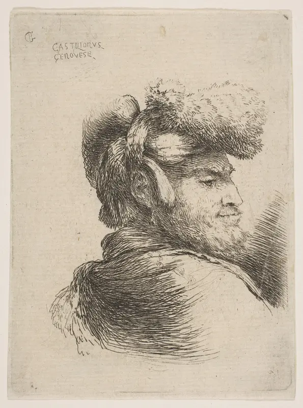 Man in profile facing right, wearing a fur hat, from "Small Heads in Oriental Headdress"
