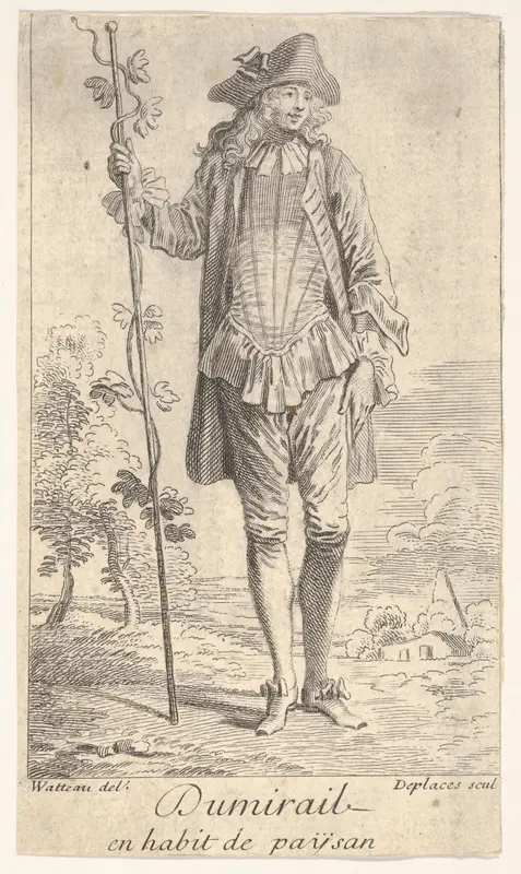 Man in tricorn hat and overcoat, shown in frontal view and holding a staff with a winding vine, landscape with trees beyond Wall Art by Louis Desplaces - High-Resolution Digital Print