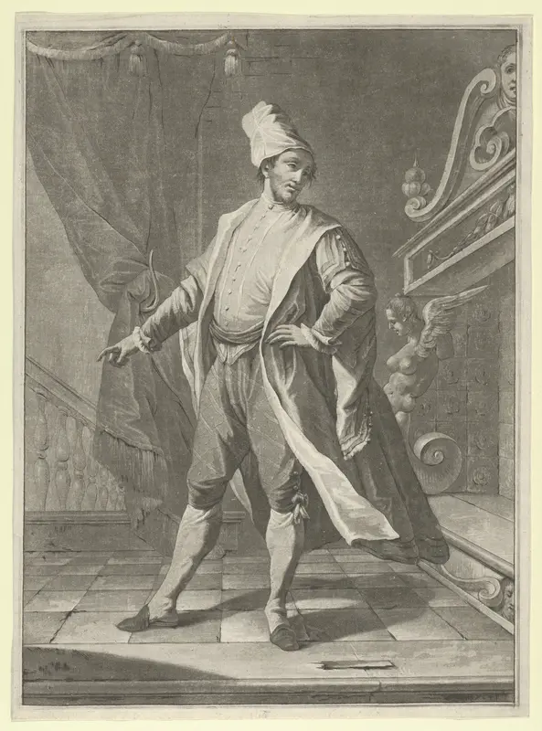 Man in Venetian costume standing before a large fireplace, right arm outstretched Wall Art by Anonymous, Italian, 18th or early 19th century - High-Resolution Digital Print