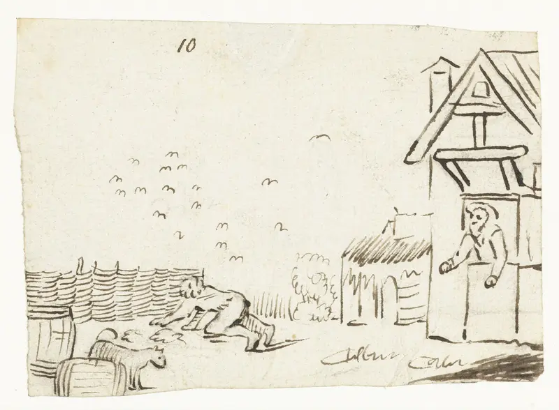 Man kijkend naar een jongen met een vogelval (?). Wall Art by Unknown - High-Resolution Digital Print