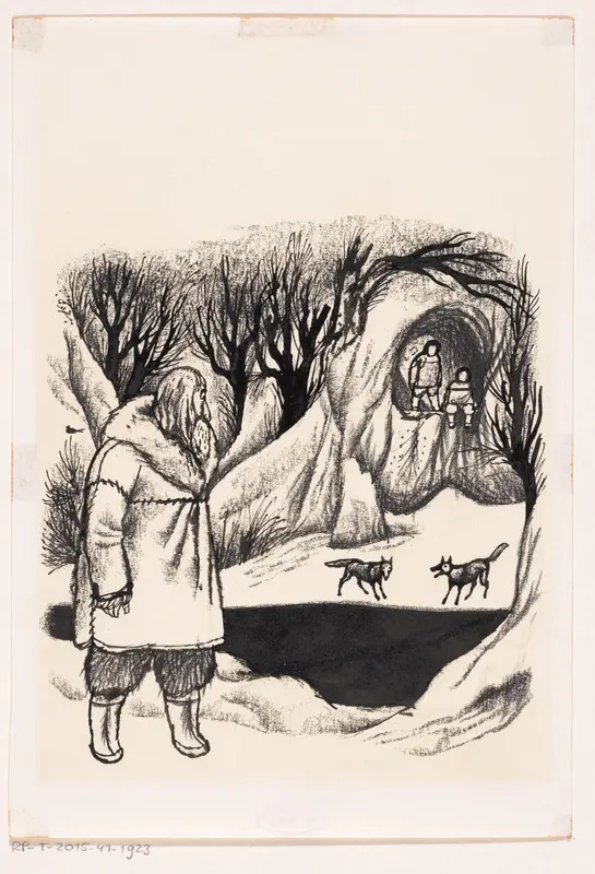 Man kijkt naar twee figuren voor een rotswoning Wall Art by Friso Henstra - High-Resolution Digital Print
