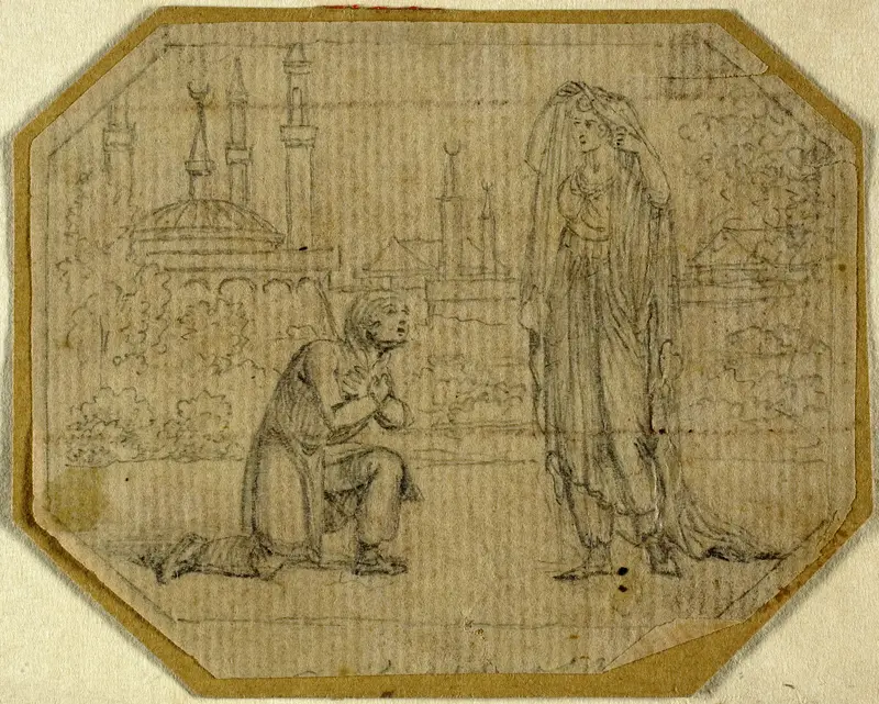 Man Kneeling Before Veiled Woman with Mosque in Background Wall Art by Johann August Rossmassler - High-Resolution Digital Print