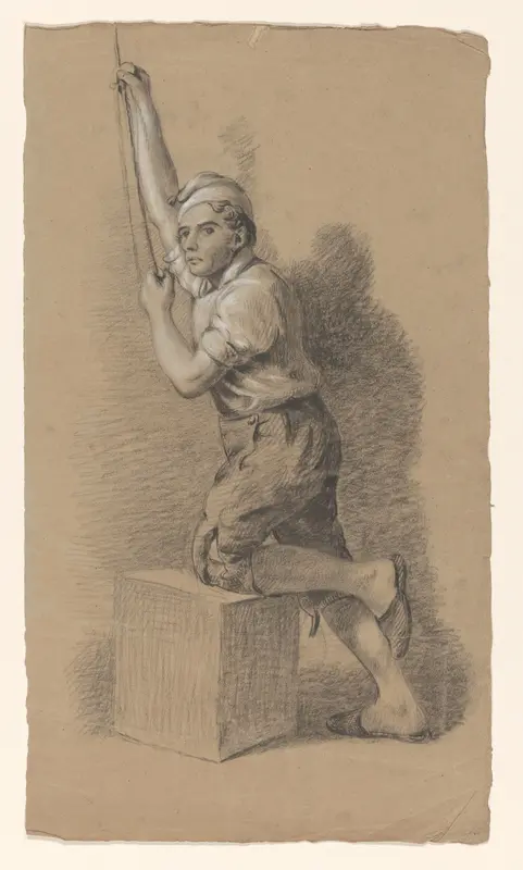 Man knielend op een blok, naar links, een touw trekkend Wall Art by Alexander Cranendoncq - High-Resolution Digital Print