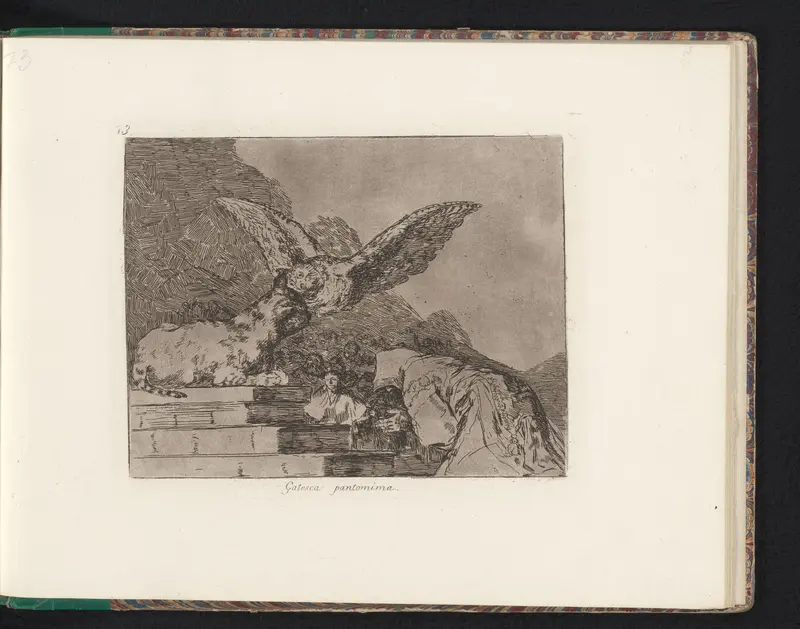 Man knielt voor een kat die als een sfinx zit terwijl een uil aan komt vliegen Wall Art by Francisco de Goya - High-Resolution Digital Print