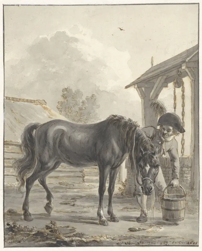Man laat een paard uit een emmer drinken Wall Art by Jan Anthonie Langendijk Dzn - High-Resolution Digital Print