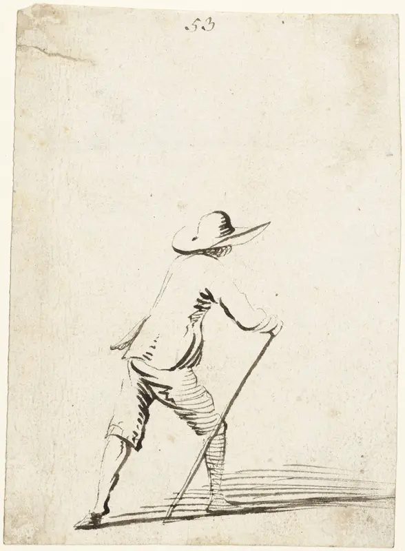 Man leunend op een stok terwijl hij naar rechts loopt, van achteren Wall Art by Harmen ter Borch - High-Resolution Digital Print