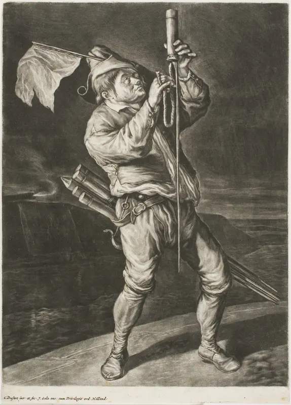 Man Lighting a Rocket, also called Peace is Better than a Victory, from Communia Gaudia (The Wide-Spread Rejoicing at the Siege of Namur) Wall Art by Cornelis Dusart - High-Resolution Digital Print