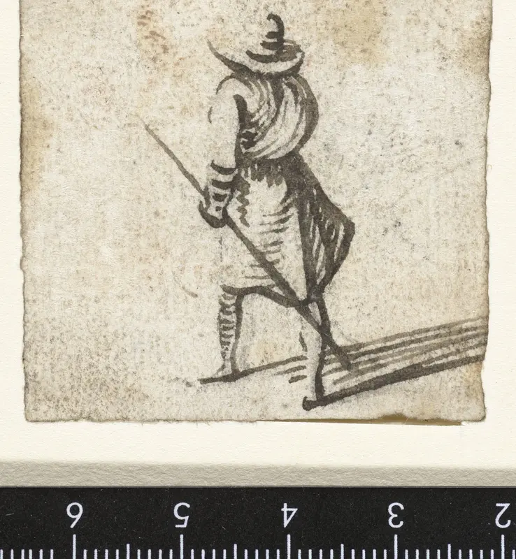 Man met breedgerande hoed en een stok in de hand, van achteren Wall Art by Unknown - High-Resolution Digital Print