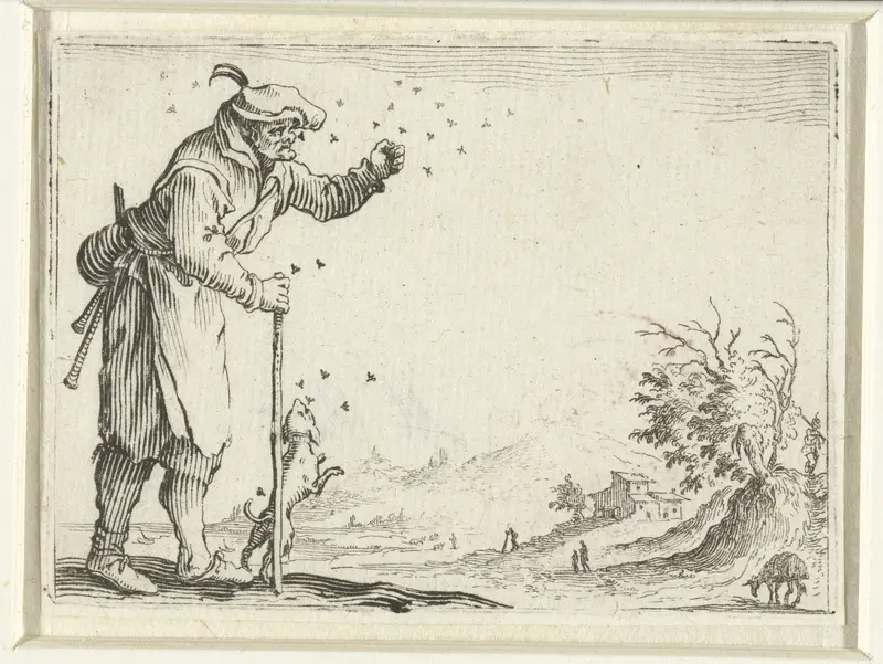 Man met doedelzak en hond, aangevallen door bijen Wall Art by Jacques Callot - High-Resolution Digital Print