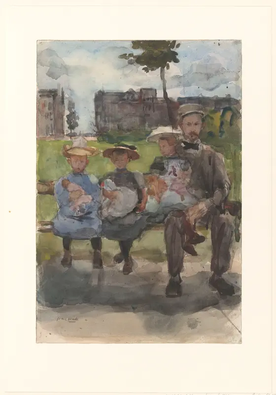 Man met drie meisjes op een bank in het Oosterpark te Amsterdam Wall Art by Unknown - High-Resolution Digital Print