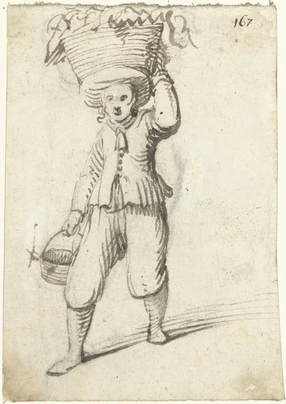 Man met een mand op zijn hoofd en een emmer in zijn hand, van voren Wall Art by Harmen ter Borch - High-Resolution Digital Print