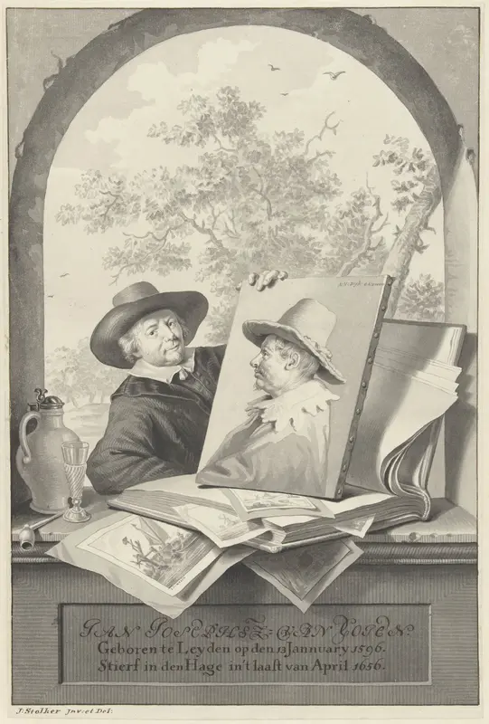 Man met een map met tekeningen en een portret van Jan van Goyen Wall Art by Unknown - High-Resolution Digital Print