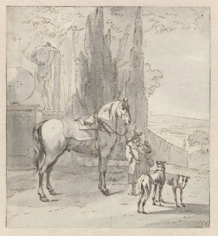 Man met een paard en twee honden bij een park Wall Art by Hendrik Verschuring - High-Resolution Digital Print