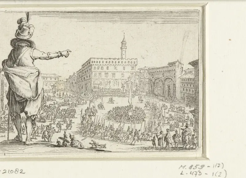 Man met gepluimde hoed bij de Piazza della Signoria te Florence Wall Art by Jacques Callot - High-Resolution Digital Print