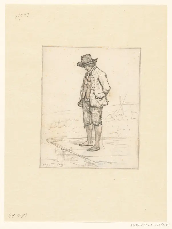 Man met hoed op en ontblote benen staande op een steiger Wall Art by Wouter Johannes van Troostwijk - High-Resolution Digital Print
