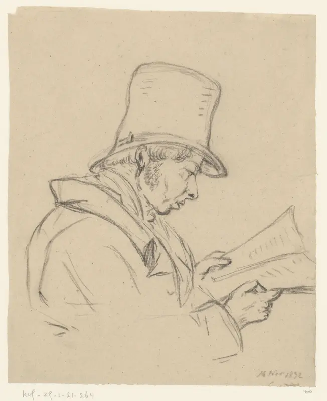 Man met hoge hoed leest een boek Wall Art by Unknown - High-Resolution Digital Print