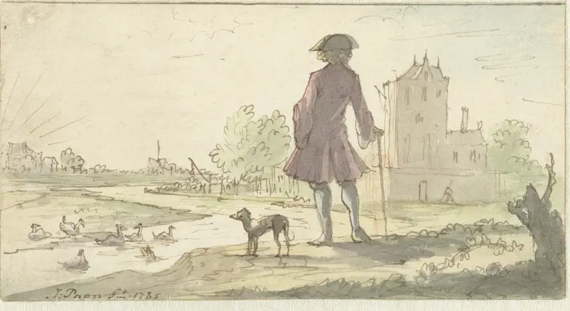 Man met hond bij water Wall Art by Unknown - High-Resolution Digital Print