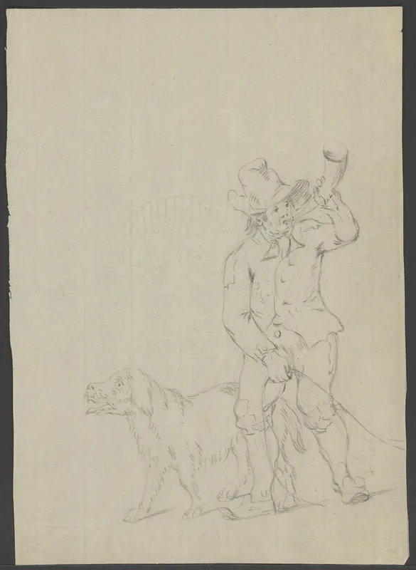 Man met hond blaast op zijn hoorn Wall Art by anonymous - High-Resolution Digital Print