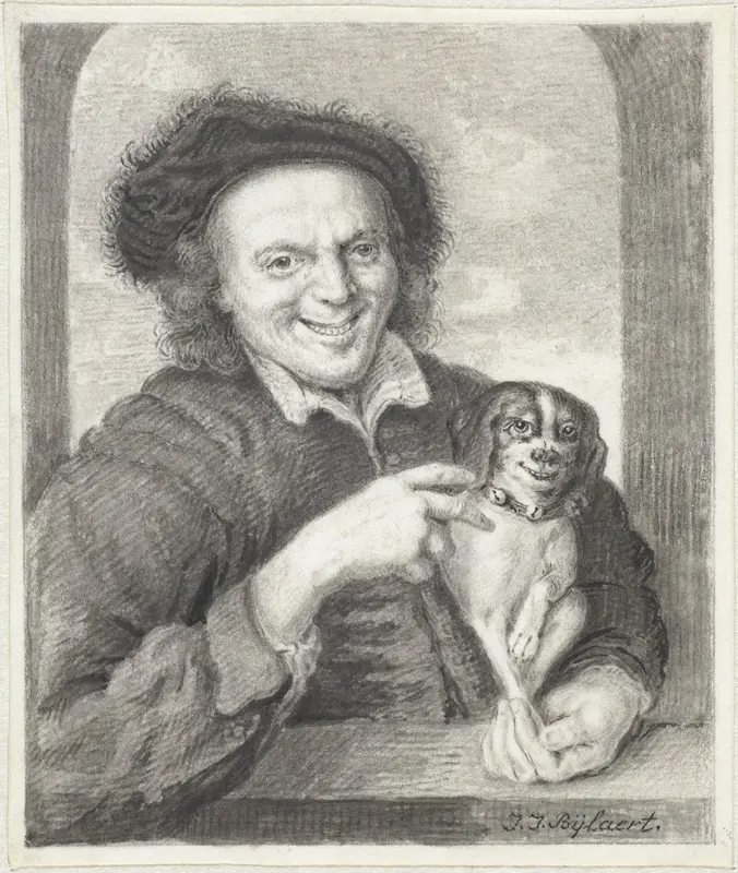 Man met hond in venster Wall Art by Joannis Jacobus Bijlaert - High-Resolution Digital Print