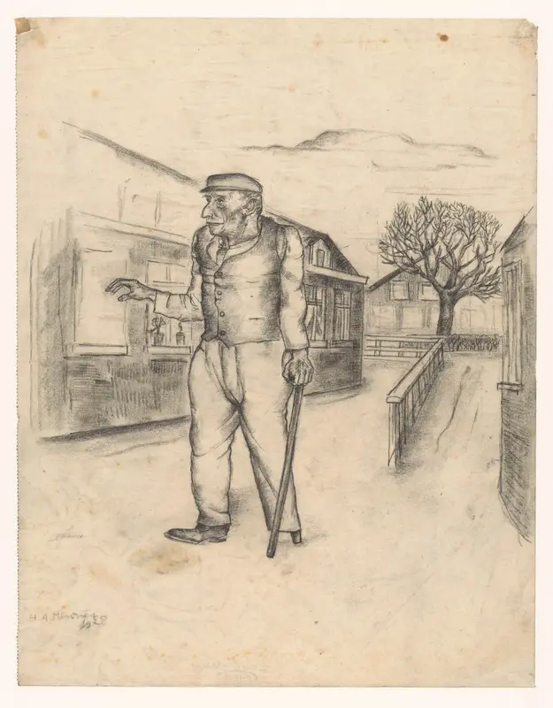 Man met houten been en stok in een dorpsstraat Wall Art by Unknown - High-Resolution Digital Print