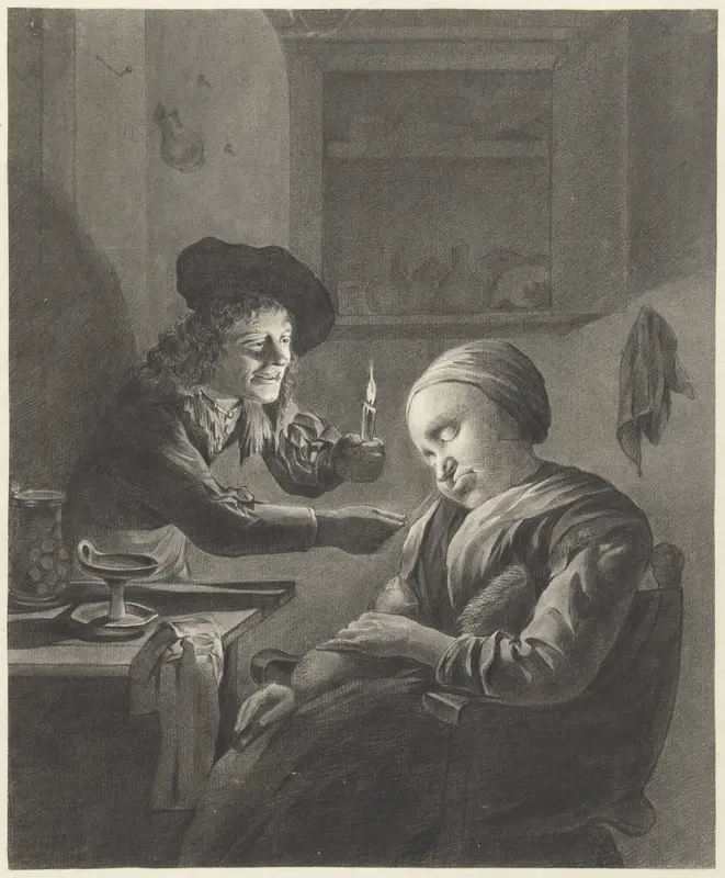 Man met kaars kietelt een slapende vrouw Wall Art by J. Dillhoff - High-Resolution Digital Print