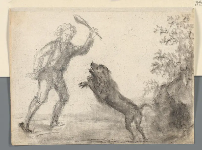 Man met knuppel bedreigt een opspringende hond Wall Art by anonymous - High-Resolution Digital Print
