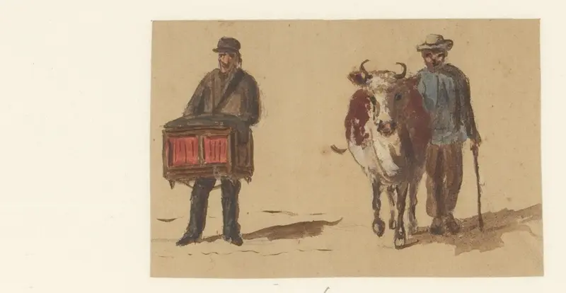 Man met orgeltje en man met koe Wall Art by Pierre Jean Fardon - High-Resolution Digital Print