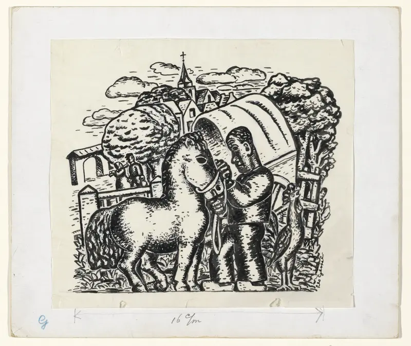 Man met paard en wagen en een dorp op de achtergrond Wall Art by Unknown - High-Resolution Digital Print
