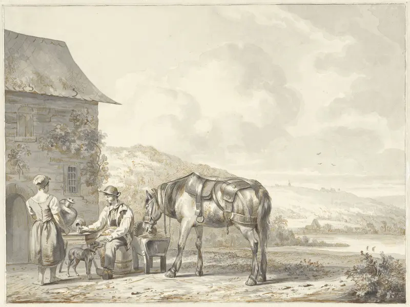 Man met paard, rustend bij een herberg Wall Art by Pieter Frederik van Os - High-Resolution Digital Print