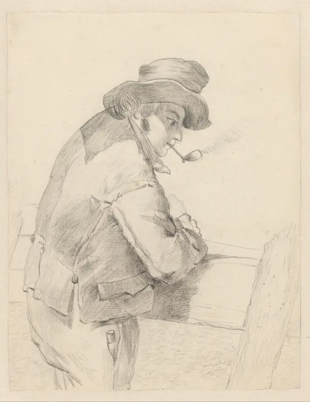 Man met pijp leunend op een hek Wall Art by Unknown - High-Resolution Digital Print