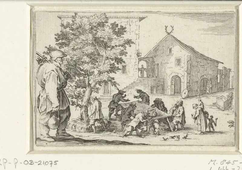 Man met tas en knapzak bij herberg Wall Art by Jacques Callot - High-Resolution Digital Print
